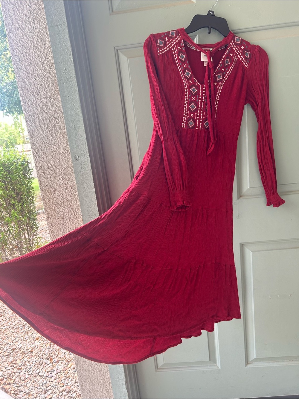 Knox Rose Red Embroidered Tie-Neck Midi Dress